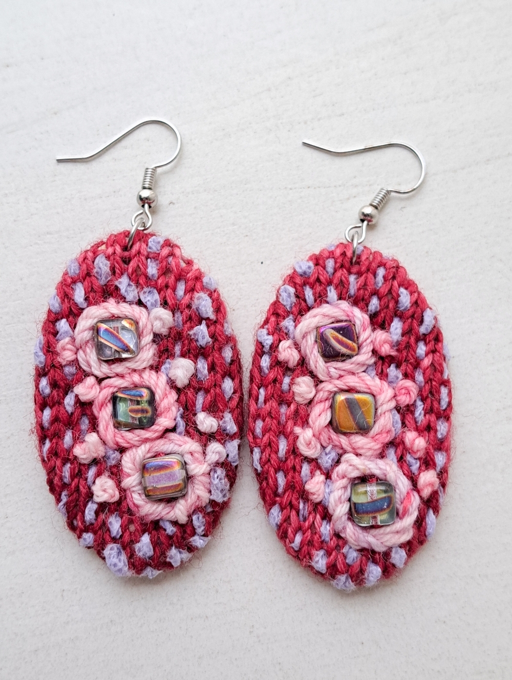 Oval Knit Earrings Dark Red Pink Lilac Hand Dyed Yarn Czech Glass Beads